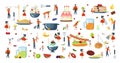 Set of oversize dish and tiny people characters family Royalty Free Stock Photo